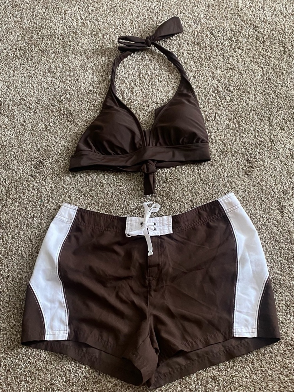 Women's Chocolate Brown Halter Bikini Top & Swim Shorts Set